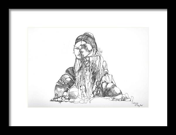 Surreal Framed Print featuring the drawing Rocks and bodies by Padamvir Singh
