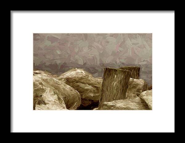 Coast Framed Print featuring the digital art Rocks and Pilings by Scott Carlton