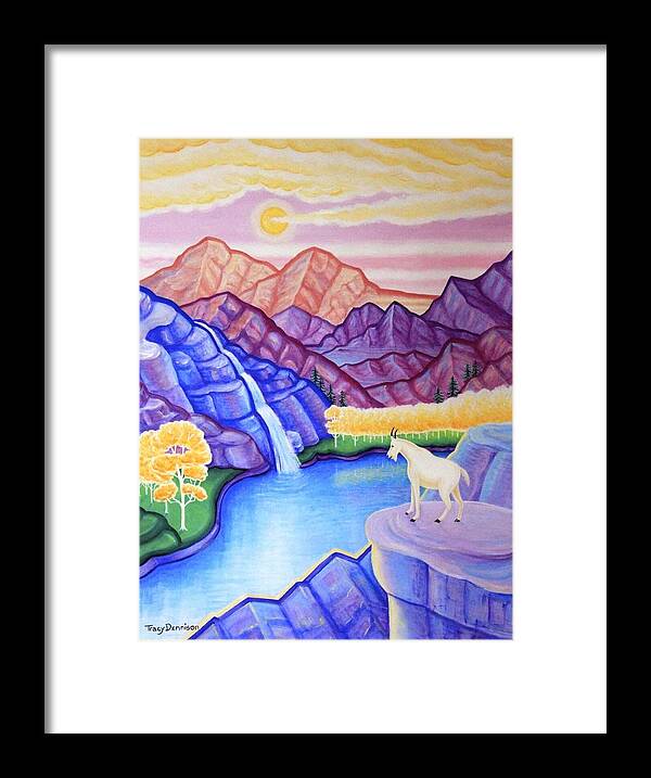 Rocky Mountain Goat Landscape Surreal Mountains Waterfall Framed Print featuring the painting Rocky Mountain High by Tracy Dennison