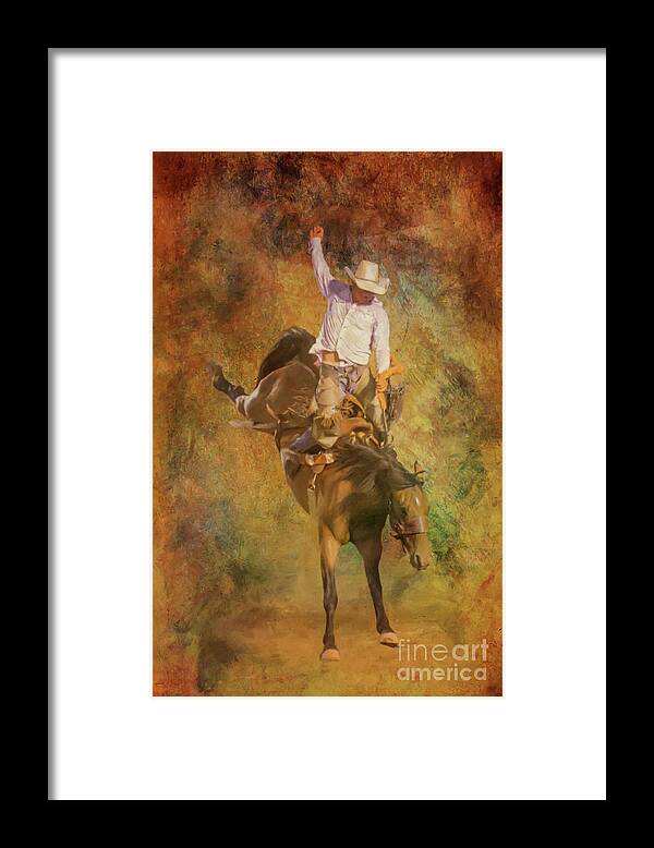 Rodeo Bronco Riding Framed Print featuring the digital art Rodeo Bronco Riding Three by Randy Steele