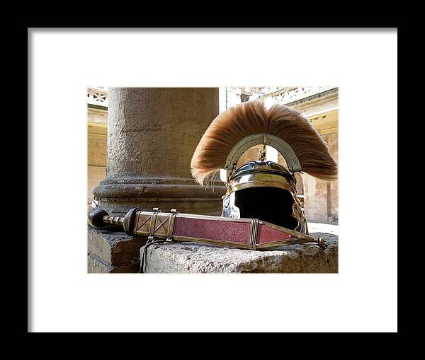 Roman Framed Print featuring the photograph Roman Legionary Helmet and Sword by Doug Matthews