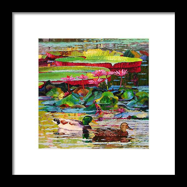 Mallard Ducks Framed Print featuring the painting Romancing Among the Lilies by John Lautermilch