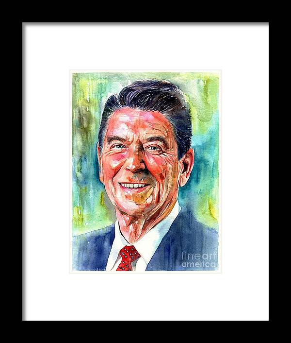 Ronald Framed Print featuring the painting Ronald Reagan watercolor by Suzann Sines