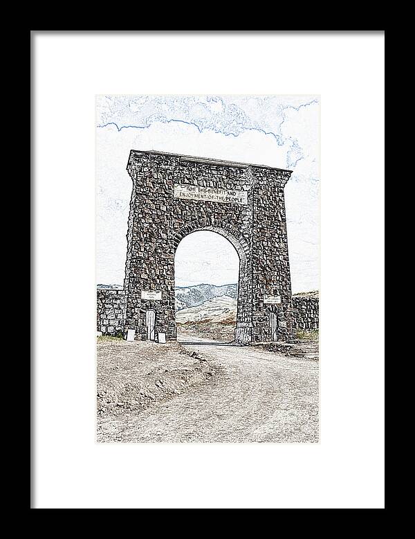 North Gate Framed Print featuring the digital art Roosevelt Arch 1903 Gate Old Time Dirt Road Yellowstone National Park Colored Pencil Digital Art by Shawn O'Brien
