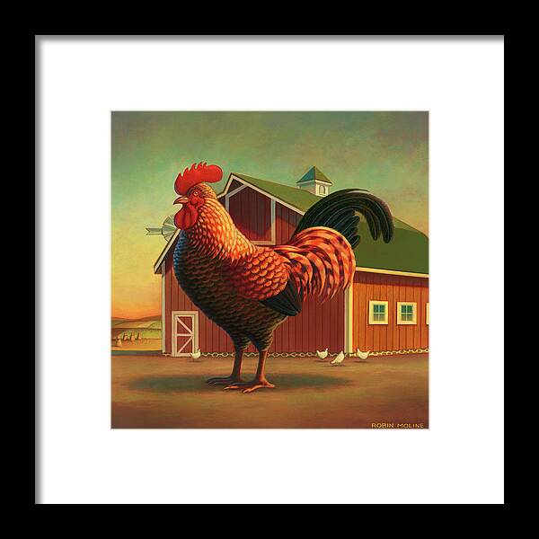 Rooster Framed Print featuring the painting Rooster and the Barn by Robin Moline