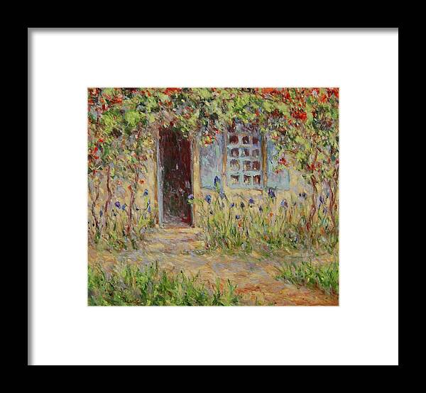 Rose Framed Print featuring the painting Rose trees at the front of the house by Pierre Dijk
