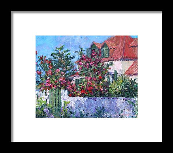 Island Cottage With White Fence Framed Print featuring the painting Rose's Cottage by L Diane Johnson