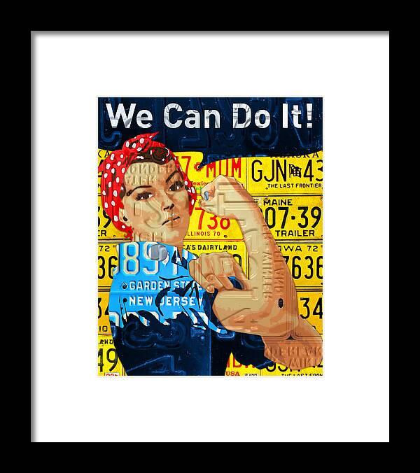 Rosie The Riveter Framed Print featuring the mixed media Rosie the Riveter We Can Do It Promotional Poster Recycled License Plate Art by Design Turnpike