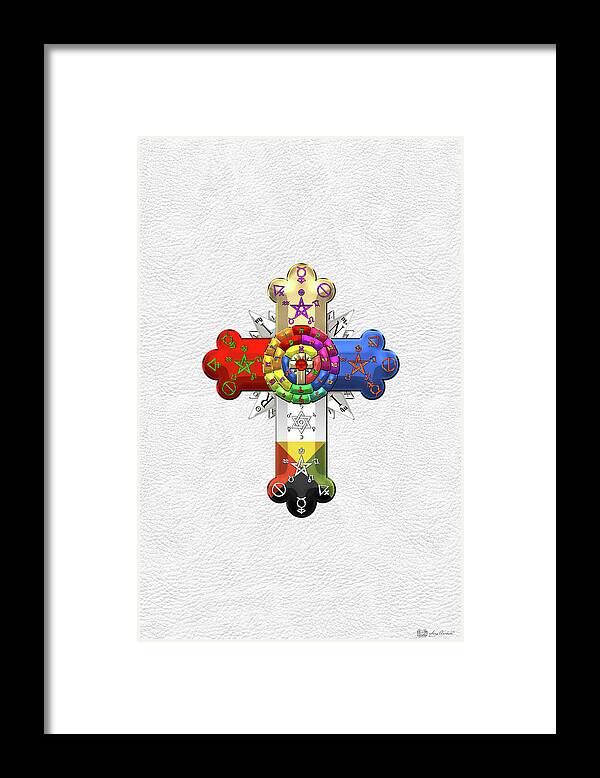 'ancient Brotherhoods' Collection By Serge Averbukh Framed Print featuring the digital art Rosy Cross - Rose Croix on White Leather by Serge Averbukh