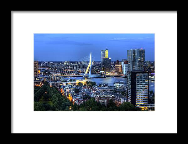 Rotterdam Framed Print featuring the photograph Rotterdam Skyline with Erasmus Bridge by Shawn Everhart