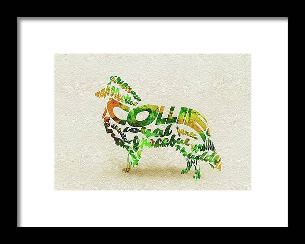 Rough Collie Framed Print featuring the painting Rough Collie Watercolor Painting / Typographic Art by Inspirowl Design