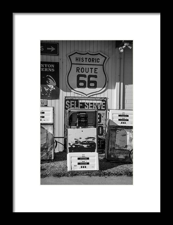 Route 66 Framed Print featuring the photograph Route 66 Sign and Gas Station Pump by John McGraw
