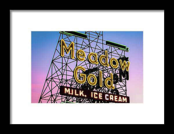 Route 66 Framed Print featuring the photograph Route 66 Tulsa Meadow Gold Neon Sign by Gregory Ballos