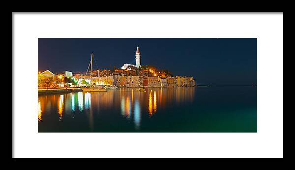 Panorama Framed Print featuring the painting Rovinj Old Town Harbor Panorama by Lev Kaytsner