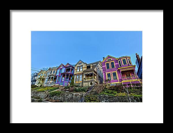 Cincinnati Ohio Row Houses Colorful Purple Blue Yellow Green Hdr Framed Print featuring the photograph Row houses by Keith Allen