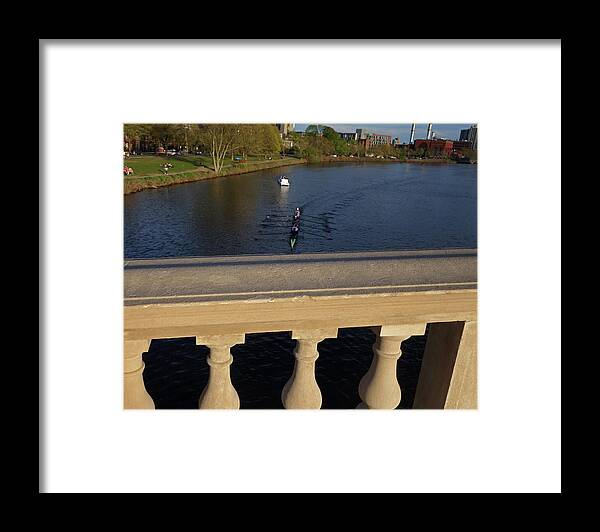 John Framed Print featuring the photograph Rowinfg Towards the Weeks Bridge Charles River Harvard Square Cambridge MA by Toby McGuire