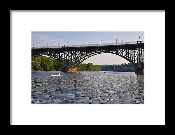 Rowing Framed Print featuring the photograph Rowing under the Strawberry Mansion Bridge by Bill Cannon