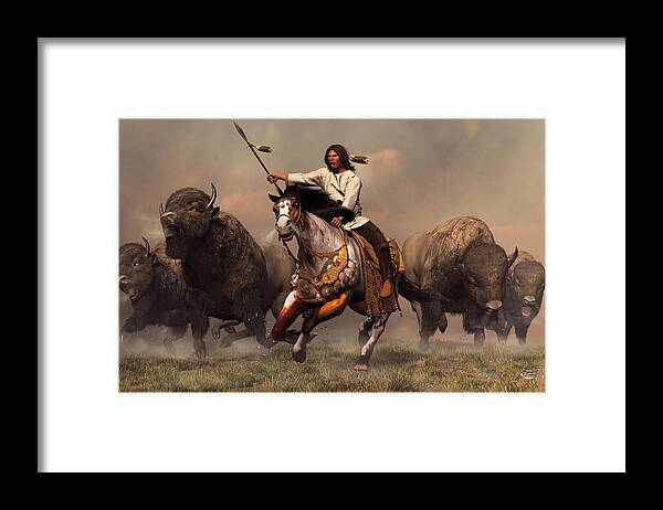 Western Framed Print featuring the digital art Running With Buffalo by Daniel Eskridge