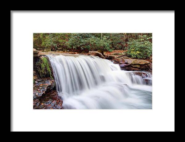 Deckers Creek; West Virginia; Autumn; Fall; Stream; Creek; Waterfall; Falls; Nature; Wilderness; Cascade; Usa; Whitewater; Rhododendron; Morgantown; Trees; Leaves; Boulders; Rocks Framed Print featuring the photograph Rushing Waters of Decker Creek by Gene Walls