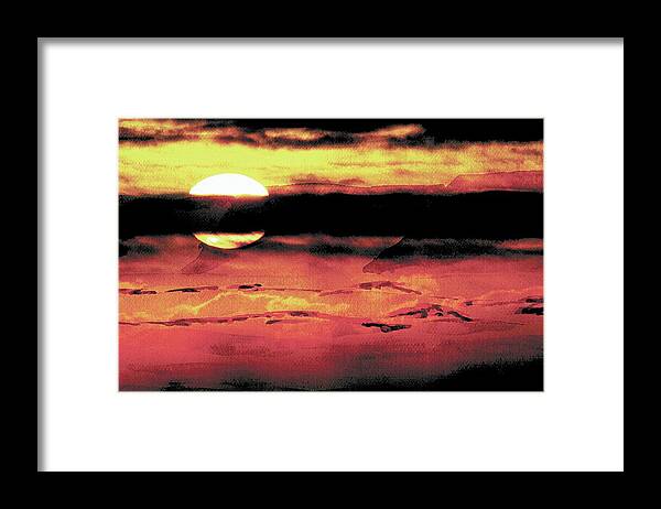 Resset Sunset Ocean Sea Gothic Clouds Silhouette Darkness Sundown Spiritual Evening Breathtaking Brilliant Red Brown Nature Landscape Horizontal Outdoors Night Waves Framed Print featuring the painting Russet Sunset by Paula Ayers