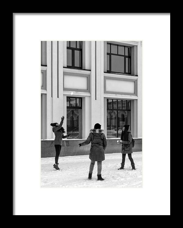Online Gallery Framed Print featuring the photograph Russian Girls Playing with Snowballs by John Williams