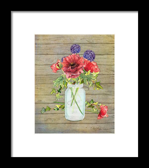 Watercolor Framed Print featuring the painting Rustic Country Red Poppy w Alium n Ivy in a Mason Jar Bouquet on Wooden Fence by Audrey Jeanne Roberts