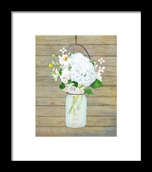White Hydrangea Framed Print featuring the painting Rustic Country White Hydrangea n Matillija Poppy Mason Jar Bouquet on Wooden Fence by Audrey Jeanne Roberts