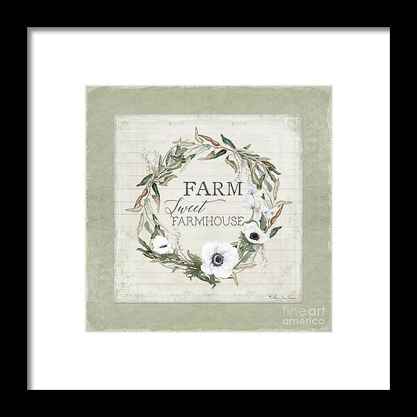  Framed Print featuring the painting Rustic Farm Sweet Farmhouse Shiplap Wood Boho Eucalyptus Wreath N Anemone Floral by Audrey Jeanne Roberts