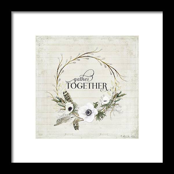 Gather Together Framed Print featuring the painting Rustic Farmhouse Gather Together Shiplap Wood Boho Feathers n Anemone Floral 2 by Audrey Jeanne Roberts