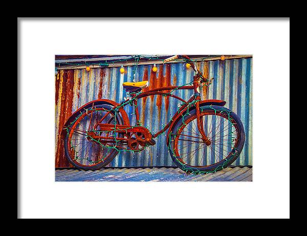 Blue Framed Print featuring the photograph Rusty Bike With Lights by Garry Gay