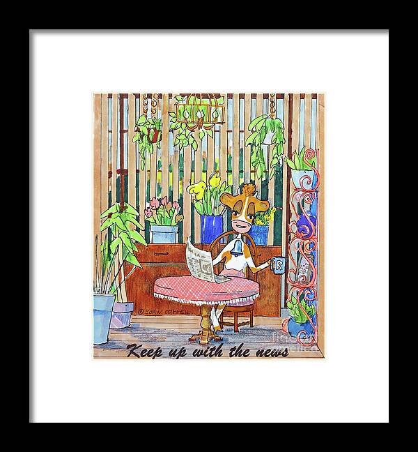 Ruthie-moo Framed Print featuring the painting RuthieMoo Keep Up With The News by Joan Coffey