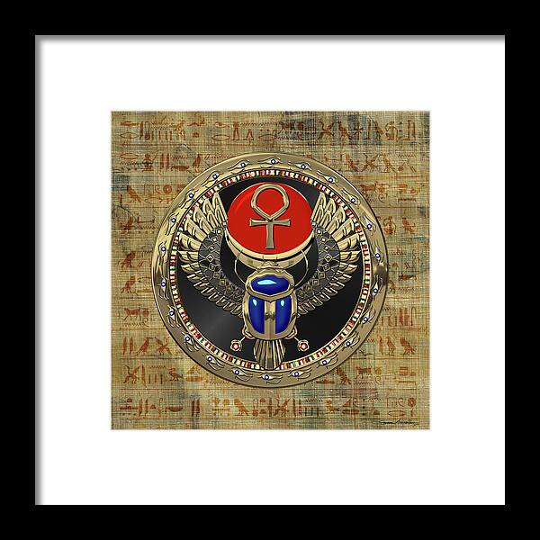 ‘treasures Of Egypt’ Collection By Serge Averbukh Framed Print featuring the digital art Sacred Egyptian Winged Scarab with Ankh in Gold and Gems over Papyrus Covered with Hieroglyphics by Serge Averbukh