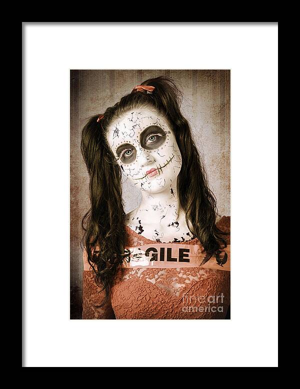 Broken Framed Print featuring the photograph Sad and ruined sugarskull doll with shattered face by Jorgo Photography