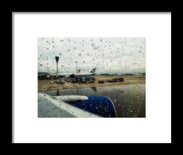 Raindrops Airplane Tarmac Home Leaving Rain Heathrow England Uk Framed Print featuring the photograph Sad to go Home by Nora Martinez