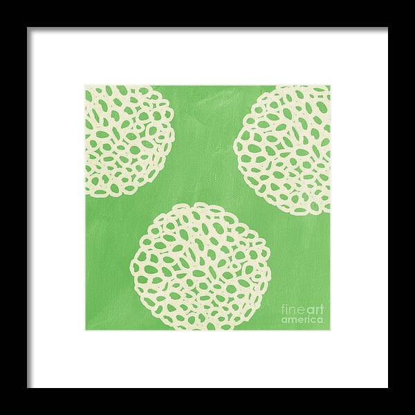 Sagegreen White Doodle Painting Abstract Ball Poof pottery Barn Style crate And Barrel Style west Elm Style ikea Style Pattern Dandelion Framed Print featuring the painting Sage Garden Bloom by Linda Woods