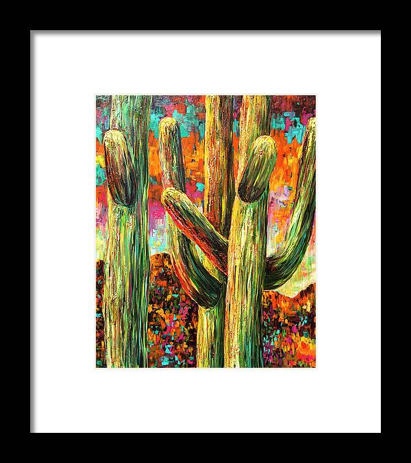 Saguaros Framed Print featuring the painting Saguaros at Sunset by Sally Quillin