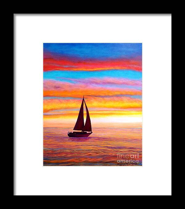 Waterscape Framed Print featuring the painting Sailboat at Sunset by Sarah Irland