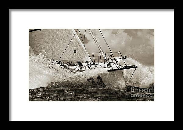 Sailboat Framed Print featuring the photograph Sailboat Le Pingouin Open 60 Sepia by Dustin K Ryan