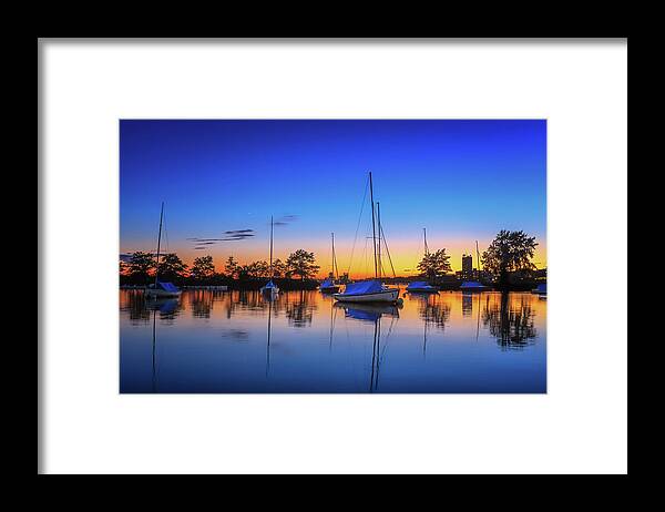 Boston Framed Print featuring the photograph Sailboats in a Blue Sunset by Sylvia J Zarco