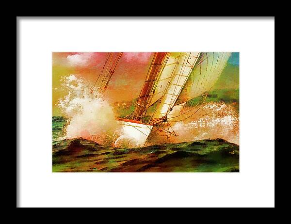 Sailing Boats At Sea Framed Print featuring the photograph Sailing boats at sea, Watercolor overlay by Jean Francois Gil