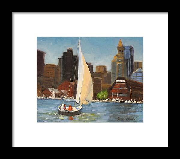 Oil Painting Framed Print featuring the painting Sailing Boston Harbor by Laura Lee Zanghetti