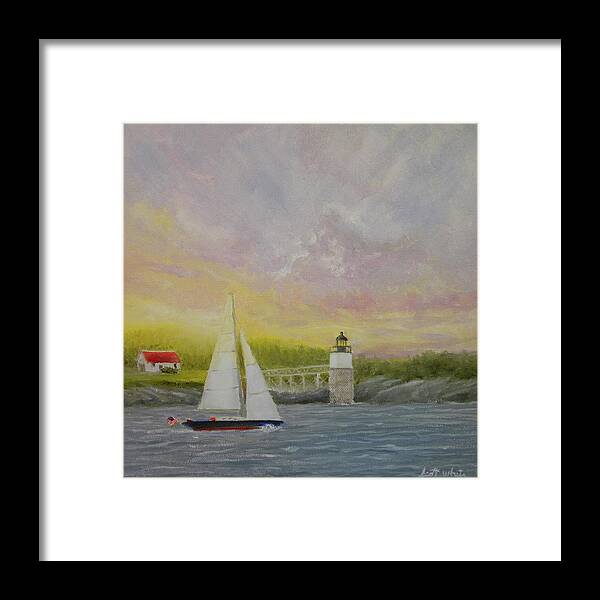Seascape Sailing Sailboat Lighthouse Sunrise Framed Print featuring the painting Sailing By Ram Island by Scott W White