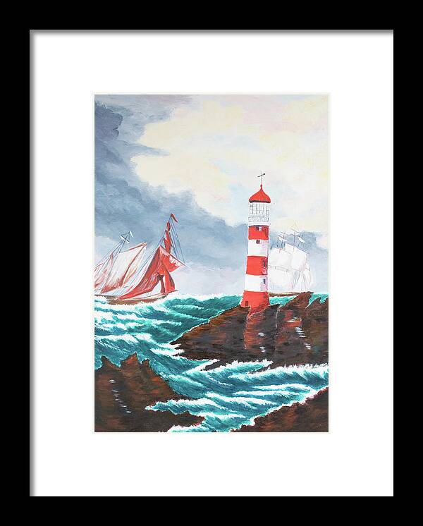 Balener Framed Print featuring the painting Sailing Past the Lighthouse by Laura Richards