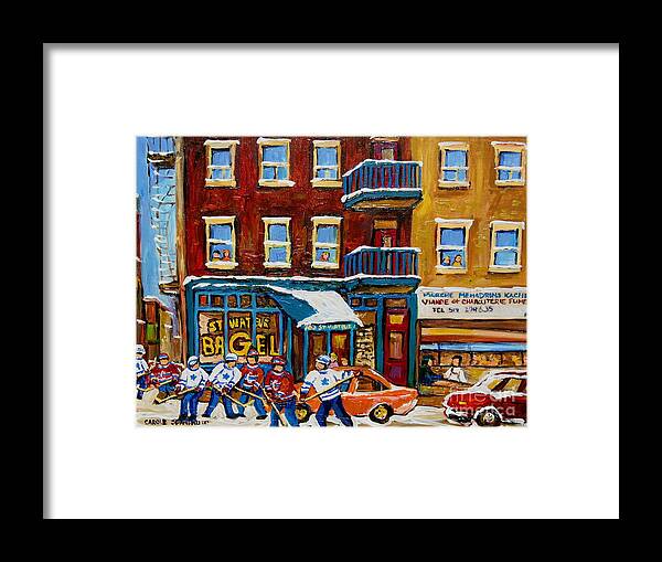 Montreal Framed Print featuring the painting Saint Viateur Bagel With Hockey by Carole Spandau