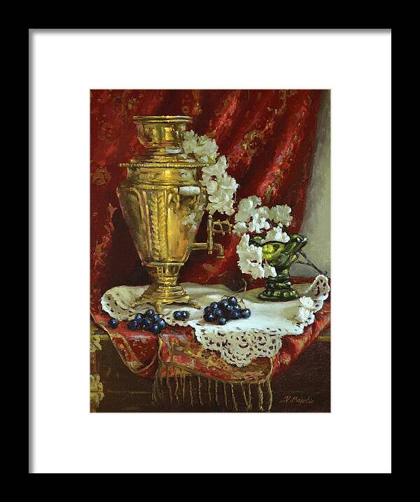 Samovar Framed Print featuring the painting Samovar and Cherry Blossoms by Viktoria K Majestic