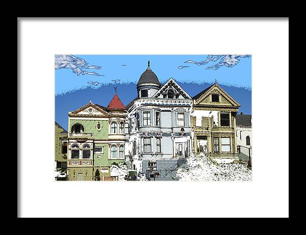 Sanfrancisco Framed Print featuring the drawing San Francisco Alamo Square - Modern Art Painting by Peter Potter