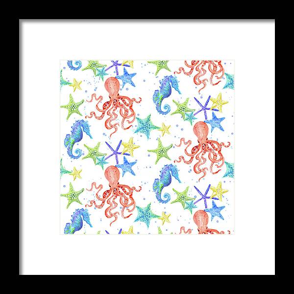 Acrylic Framed Print featuring the painting Sand 'n Sea Beach Ocean Seashore Red Orange Octopus by Audrey Jeanne Roberts