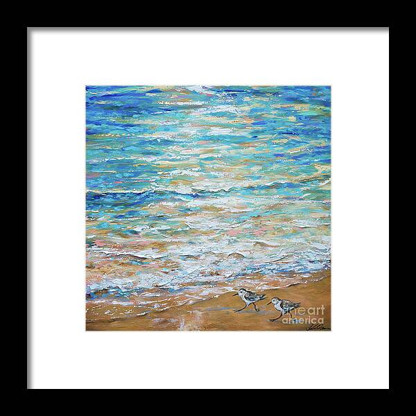 Ocean Framed Print featuring the painting Sanderlings by Linda Olsen