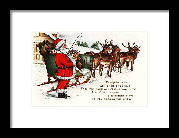 Santa And His Reindeer Greetings Merry Christmas Framed Print featuring the painting Santa and his reindeer greetings merry christmas by Vintage Collectables