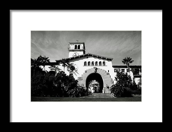 Santa Barbara Framed Print featuring the mixed media Santa Barbara Courthouse Black And White-by Linda Woods by Linda Woods